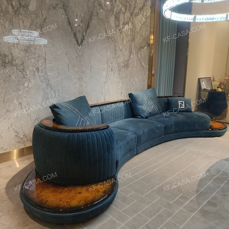 Luxury Teal Velvet Curved Sectional Sofa with Natural Wood Veneer Base & Branded Cushions